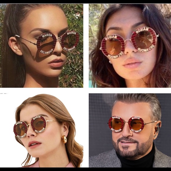 UNISEX GUCCI MAISON DEL’ AMOUR ROUND BLACK AND RED STRIPES SUNGLASSES - Picture 10 of 16